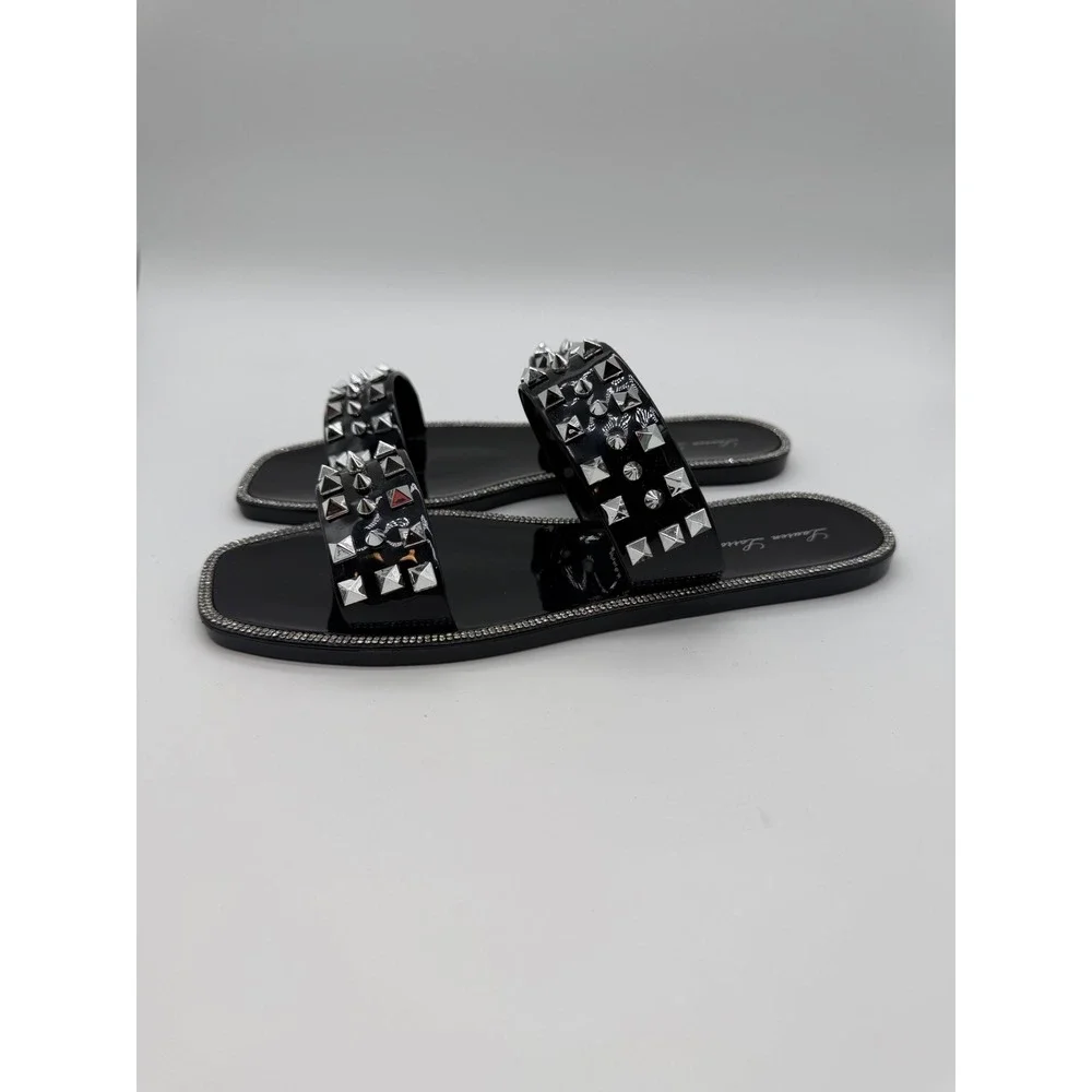 Lauren Lorraine Black Patent Jelly Studded Slide Sandals Silver Pyramid Stud 8.5
